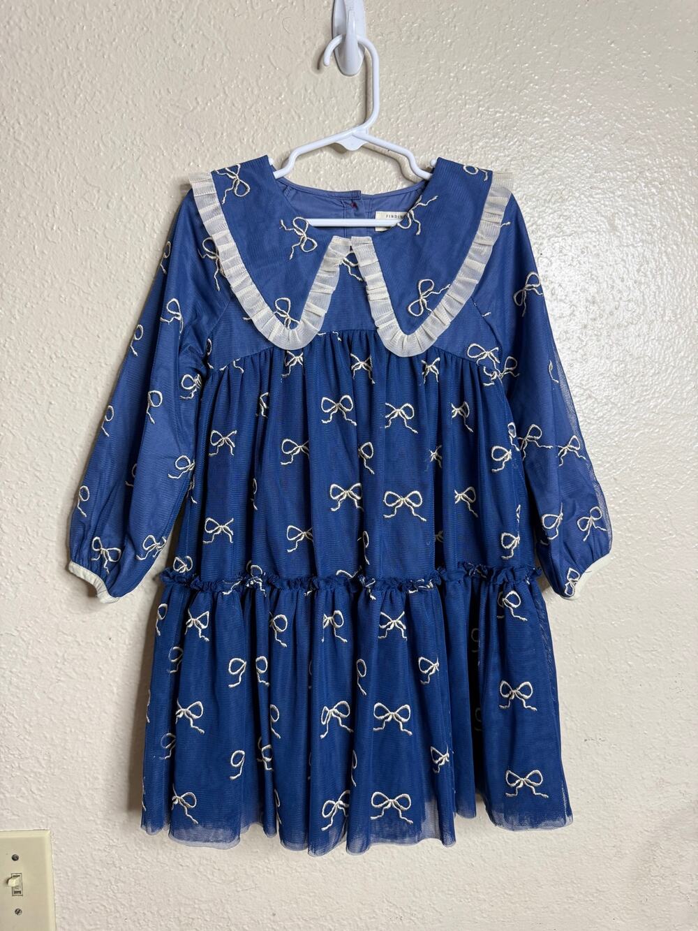 Finding Foxtale Little Bow Dress Girls 4 Blue Embroidered Bow Tulle Peter Pan